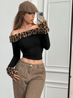 Multicolor Casual Collar manga larga Lana Peinada Color combinado,Estampado de Leopardo,Estampado en Textura  Embellished Estiramiento medio Crochet Leopard Print, Leopard Print Top Outfit, Leopard Top Outfit, Printed Top Outfit, Outfit 80s, Off The Shoulder Top Outfit, Shoulder Tops Outfit, Leopard Sweater