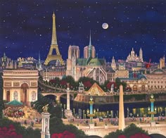 a painting of the eiffel tower in paris at night