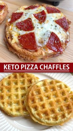 three different types of waffles with cheese and pepperoni on the top one is keto pizza