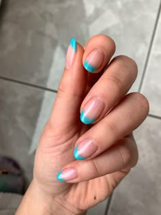 Colored French Tip Nails Dip Powder, Nail Colored Tips, French Tips Teal, Teal Green French Tip Nails, Blue Green French Tip Nails, French Nails Turquoise, Teal Nail Tips, Aqua Blue French Tip Nails, Aqua French Tips