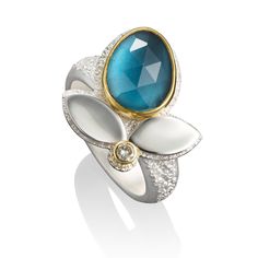 Gold, Silver & Stone Ring - This stunning ring is hand-fabricated in sterling silver, 18k and 22k gold; it displays a dazzling stone and a .06ct white diamond nestled among its organic sterling silver leaf forms, with a roller-printed and hammered texture adding extra visual interest. Available in half sizes 49.<br><br> Each stone is hand-picked and may vary slightly in size, shape, and color from the photo. Choose from: carnelian, grossular garnet, amethyst, iolite, blue topaz, Silver Stone Ring, Grossular Garnet, Gold Gemstone Ring, Ring With Diamond, Leaf Ring, Pearl Diamond, Delicate Rings, 22k Gold, Silver Leaf