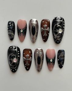 Duo Nails, Pirate Nails, Goth Nail Art, Detailed Nails, Hippie Nails