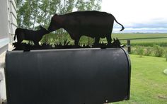 a couple of cows standing on top of a mailbox next to a tree and grass field