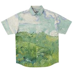 Original Artwork  green field  by vincent van gogh Ultra limited edition. No restock. This product is unisex and fits true to size. For an oversized look you may want to order up a size or two. ( check sizing table below ) Tracked shipping and delivery. You will receive an email with the tracking link once your order Van Gogh Van Goghing Van Gone Shirt, Vintage Shirt With Pockets At Affordable Price, Cheap Retro Patterned Shirt, Cheap Vintage Pre-shrunk T-shirt, Cheap Vintage Patchwork Shirt, Graphic Button Up, Green Shirt With Custom Print For Summer, Casual Summer Tops With Artwork, Green Button Up