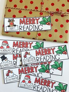 merry reading printables for kids to use on their christmas books and crafts, with red polka dots