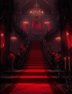 a red staircase leading up to a fancy room with chandeliers