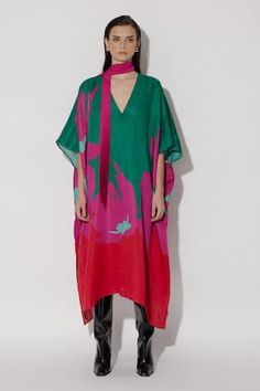 Green kaftan dress crafted in linen satin base featuring sakura print. - Aza Fashions Green Kaftan, Soha Ali Khan, Athiya Shetty, Radhika Madan, Shamita Shetty, Genelia D'souza, Mithila Palkar, Sanya Malhotra, Huma Qureshi