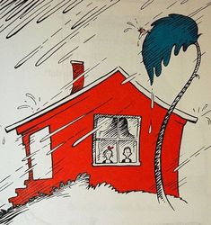 a drawing of a red house with a palm tree on it's roof in the rain