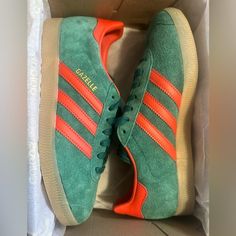 Brand New With Tags Green And Orange Adidas Gazelles Adidas Gazelles, Custom Sneakers Diy, Dark Portrait, Orange Outfit, Sneakers Adidas, New Green, Shoes Sneakers Adidas, Green Shoes