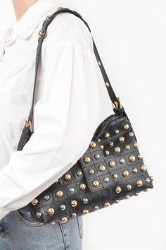 Elevate your style with our Mix Color Studs Fashion Shoulder Bag. Its unique mix of colors and stud detailing adds a stylish touch to any outfit. Stay organized with multiple compartments while looking effortlessly chic. Upgrade your wardrobe with our must-have shoulder bag. Width - 11" Height - 8" Depth - 3" Composition - Polyurethane, Mix Metal Lead & Nickel Compliant Edgy Black Bags With Silver-tone Hardware, Chic Studded Shoulder Bag, Chic Black Studded Shoulder Bag, Punk Crossbody Shoulder Bag With Gunmetal Hardware, Luxury Crossbody Hobo Bag With Silver-tone Hardware, Boutique Homes, Handbag Shoes, Beauty Bar, Mixed Metals