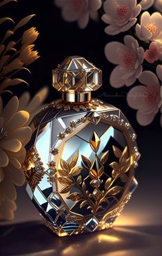 an ornate perfume bottle surrounded by flowers on a black background with gold accents and crystals