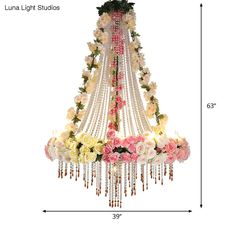 a chandelier with flowers hanging from it's side and measurements for the length