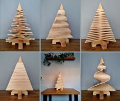 wooden christmas trees made out of plywood are shown in four different angles and sizes