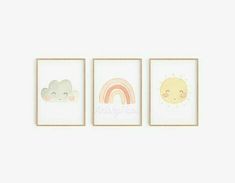 three children's wall art prints with clouds, sun and rainbows on them