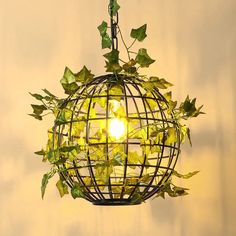 a light hanging from a wire ball with ivy growing on it's sides and an orange light bulb in the middle