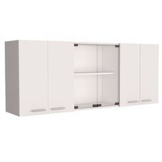 a white cabinet with two doors and shelves