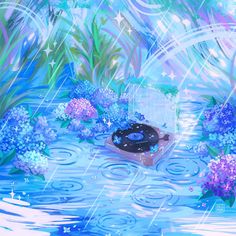 a painting of a record player in the water surrounded by plants and flowers with stars