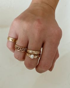 Your gold ring aesthetic inspiration. Shop handcrafted rings designed with the intention to stack. Create a ring set that's totally unique to you. #goldrings #handmaderings #pearlring #vintagerings #ringaesthetic Vintage Ring Stacking, Gold Layered Rings, Stack Gold Rings, Gold Rings Stacks, Gold Ring Styling, Gold Ring Sets Aesthetic, Non Tarnish Gold Rings, Vintage Gold Rings Women, Layered Gold Rings