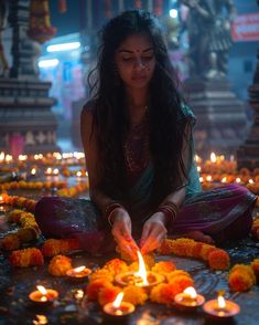 a woman sitting on the ground surrounded by candles