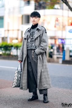 Monochrome Winter Street Style w/ Sugarhill Tokyo Plaid Coat, En Route Tweed Pants, Padrone Boots, Agnes B & Bao Bao Issey Miyake – Tokyo Fashion Japanese 80s Fashion Men, Japanese 80s Fashion, Japanese Punk Fashion, Japanese 80s, Masc Style, 80s Fashion Men, Harajuku Street Style