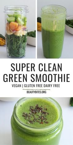 super clean green smoothie in a mason jar with the text overlay that reads, super clean green smoothie vegan gluten free dairy free