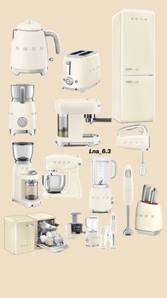 an assortment of kitchen appliances including blenders and mixers