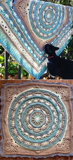 two crocheted afghans with a dog sitting next to them