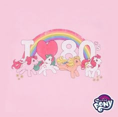 a group of little ponys standing in front of the word i love 80 on a pink background