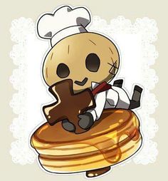 a cartoon character sitting on top of a stack of pancakes with a skull in the middle