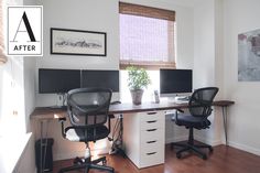 a desk with two computer monitors and a plant in the corner on top of it