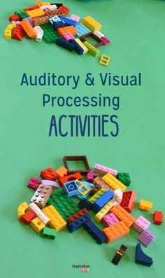 the cover of an activity and visual processing book with legos scattered around it on a green surface