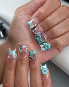 Teal Acrylic Nails, Acrylic Toes, Finger Nail Art, Claw Nails, Cute Acrylic Nail Designs, Glow Nails