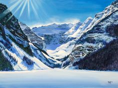 a painting of mountains covered in snow with the sun shining down on them and trees