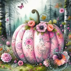 a painting of a pink pumpkin surrounded by flowers and butterflies in the woods with a butterfly flying over it