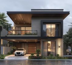 a car is parked in front of a modern house