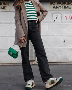 Pops of Green — WOAHSTYLE Green Sneakers Outfit, Gucci Marmont Super Mini, Zoe Kravitz Style, Balenciaga Sock, Marmont Super Mini, Camel Pants, 20 Outfits, Gucci Marmont Bag, Victoria Beckham Outfits