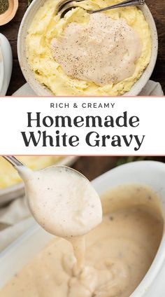 homemade white gravy is being spooned into a bowl