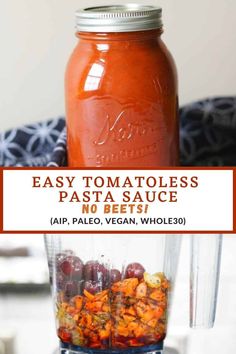 an easy tomato sauce in a blender with text overlay that reads, easy tomatoes and pesto sauce