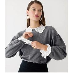 A Classic Crewneck Sweatshirt With A Few, Romantic Details. Featuring A Lace Collar And Cuff Details And An Elastic, Ribbed Hem, This Is A An Easy-Fitting, Classy Option. Knitted Heart, Jcrew Collection, Sequin Sweater, Romantic Lace, Lace Collar, Crew Shirt, Chunky Knits Sweater, Wool Blend Sweater, Collar And Cuff