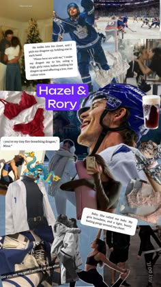 the collage shows images of hockey players and their names in blue, white, and red