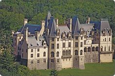 an aerial view of a large castle like building in the middle of trees and grass