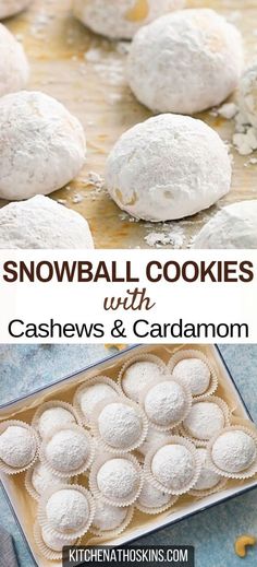 snowball cookies with cashews and cardamom in a baking pan on a table