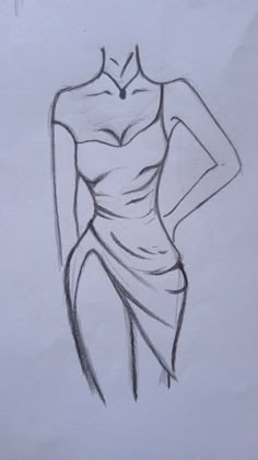 a drawing of a woman's torso and dress, with her hands on her hips