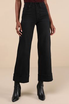 You'll dominate chic street style when you pair your 'fit with the Just Black Palazzo Washed Black Denim Cuffed High Rise Wide-Leg Jeans! Slightly stretchy, washed black denim shapes these must-have jeans with a high-rise fit, belt loops, a five-pocket cut, and a hidden zipper fly with a top button closure. Light whiskering accents the wide pant legs that end at cuffed, full-length hems. Fit: This garment fits true to size. Length: Ankle length. Waist: Fitted - very fitted at natural waist. Hip: Fitted - stretchy fabric allows room for hips. Fabric: Fabric has some stretch. Unlined. 94. 4% Cotton, 4. 2% Polyester, 1. 4% Spandex. Machine Wash Cold And Dry Inside Out With Like Colors. Do Not Bleach. Tumble Dry Low. Warm Iron If Needed. Dry Cleaning Possible. Imported. Lulus | Palazzo Washed Casual Wide Leg Washed Black Jeans, Wide Leg Washed Black Winter Jeans, Wide Leg Washed Black Jeans With Five Pockets, Washed Black Relaxed Fit Wide Leg Jeans, Wide Leg Black Jeans Outfit, Black Wide Leg Jeans Outfit, Modern Wide Leg Washed Black Jeans, Wide Leg Black Jeans, Black Wide Leg Jeans