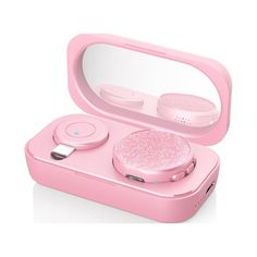 an electronic device in a pink case with its lid open and two speakers on it