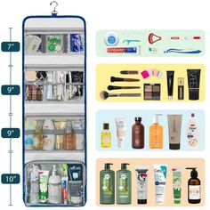 the contents of an organized travel bag are shown in three separate sections, including toiletries and hand sanitizers