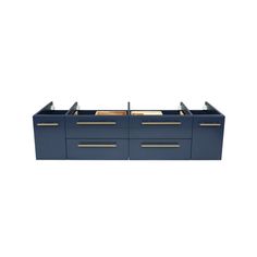 a blue dresser with gold handles and drawers