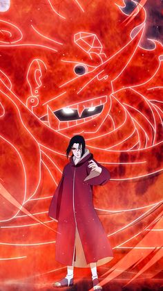 an anime character standing in front of a red demon with his eyes closed and hands on his hips