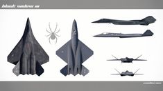 four fighter jets are shown in various positions and sizes, including one with a spider on it