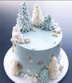 a blue frosted cake decorated with trees and snowflakes